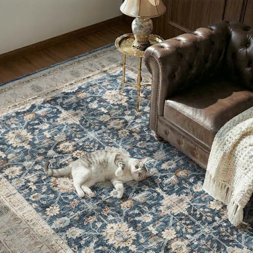 JINCHAN 6x9 Vintage Floral Area Rug, Washable Non Slip, Blue Beige