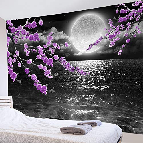 LB Small Full Moon Over Ocean Tapestry Wall Hanging, Purple Japanese Cherry Blossom Wall Tapestry, Fantasy Asian Scenery Wall Art for Bedroom Living Room Dorm Home Decor, 60 x 40 Inches