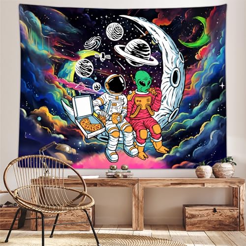 Sanzugh Funny Space Astronaut Alien Tapestry for Men Guys Bedroom, Cool Trippy Universe Planet Art Tapestries Wall Hanging College Dorm Boys Room Decor 60"X40", Psychedelic Blacklight Galaxy Poster