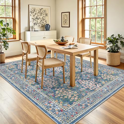 6x9 Area Rugs, Washable Floral Area Rugs for Living Room, Indoor Area Rug for Bedroom, Dining Room, Low Pile Non-Slip Non Shedding Rug(Blue Floral)