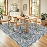 6x9 Area Rugs, Washable Floral Area Rugs for Living Room, Indoor Area Rug for Bedroom, Dining Room, Low Pile Non-Slip Non Shedding Rug(Blue Floral)