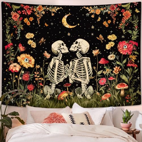 Wegklazax Floral Skeleton Lovers Tapestry Aesthetic Skull Gothic Tapestry for Bedroom The Lovers Wall Hanging for Bedroom Living Room Skull 36×48 Inches