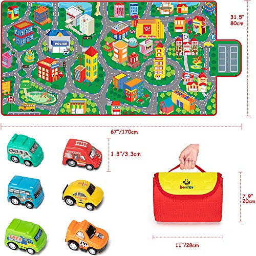 beetoy Car Rug, 31.5"X67" Play Mat with Roads for Kids | Portable, Anti-Slip, Educational City Life Traffic Carpet, For 6 Toy Cars