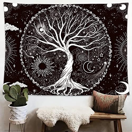 Wonrizon Tree of Life Tapestry,Black and White Galaxy Space Tapestries Aesthetic Psychedelic Wall Hanging decor for Living Room Bedroom (51.2" x 59.1")