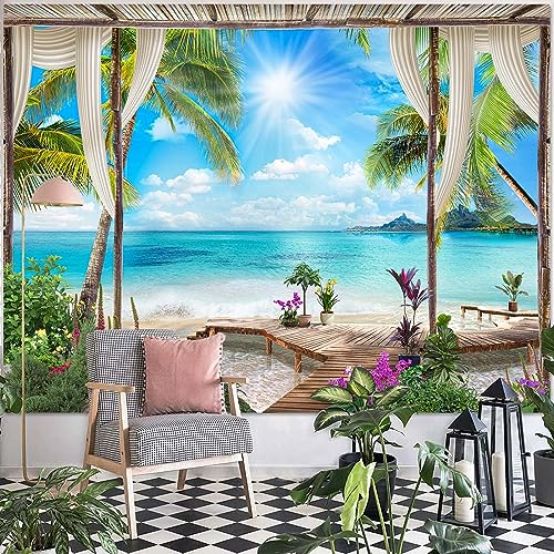 Leeisysme Beach Landscape Tapestry, Tropic Ocean Sea Island Palm Tree Seaside Tapestries for Living Room Summer Window Wall Hanging 36×48 Inch