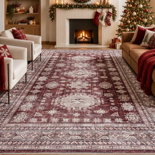 9x12 Living Room Rug Washable Non Slip Distressed Large Carpet, Burgundy