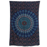 Bless International Handmade Indian hippie Bohemian Psychedelic Peacock Mandala Wall hanging College Dorm Beach Throws Table Cloth Bedding Tapestry (Blue Green, Medium(54x60Inches)(137x152cms))