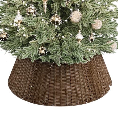 ELYKEN 33 Inch Christmas Tree Collar, 6-Piece Xmas Tree Skirt for Artificial Trees, Handcrafted Plastics Wicker Tree Base Cover with Cord Cut-Out Rustic Farmhouse Tree Ring for Home Decor