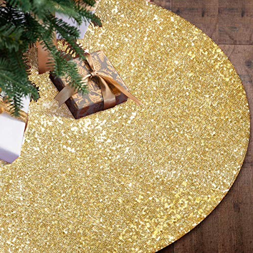 yuboo Gold Christmas Tree Skirt, 48 Inch Sequin Xmas Tree Mat - Glitter Tree Collar Double Layers for Gold Christmas Decorations&Ornaments