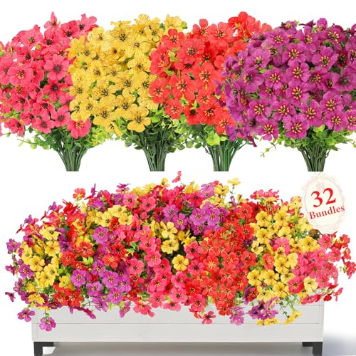 SAEUYVB 32 Bundles Artificial Flowers for Outdoors,Fake Flowers with Violets & Eucalyptus Leaves in 4 Vibrant Colors,UV Resistant Artificial Outdoor Flowers for Garden Porch Patio Decor