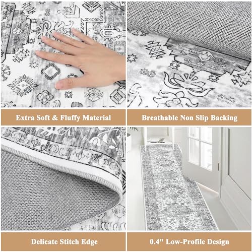 Pauwer Hallway Runner Rug 2'6'' x 12',Washable Kitchen Runner, Vintage Grey