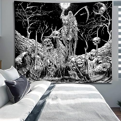 Black and White Goth Skull Tapestry for Bedroom, Gothic Skeleton Halloween Wall Tapestries Aesthetic, Horror Ghost Rider Night Sky Moon Dark Wall Hanging Decor for Living Room (51'' x 60'')