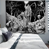 Black and White Goth Skull Tapestry for Bedroom, Gothic Skeleton Halloween Wall Tapestries Aesthetic, Horror Ghost Rider Night Sky Moon Dark Wall Hanging Decor for Living Room (51'' x 60'')