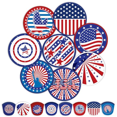 Gejoy 48 Pcs Independence Day Foldable Fan 4th of July Red White and Blue Handheld Round Patriotic Folding Flying Disc for Daily Use Festival Wedding Party Favors Decorations Portable, 8 Style