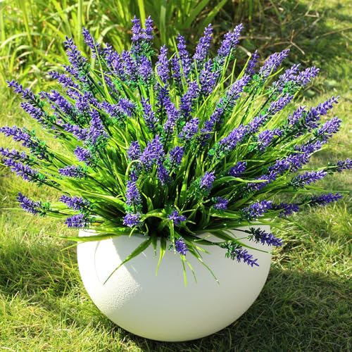 16 Bundles Artificial Plants Outdoor, UV Resistant Fake Lavender & Monkey Grass, Realistic Plastic Faux Plants for Balcony, Patio, Porch Greenery Decor, Planter Filler(Purple)