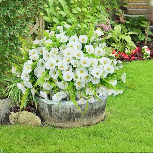 Artificial Flowers for Outdoors 12 Bundles White Artificial Petunias Fake Flowers UV Resistant Shrubs Plants with Fern for Indoor Outside Hanging Planters Home Garden Spring Summer Decorations