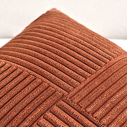 Fancy Homi Rust Lumbar Decorative Throw Pillow Covers 12x20 Inch for Couch Bed Sofa, Rustic Farmhouse Boho Home Decor, Soft Striped Corduroy Rectangle Accent Terracotta Cushion Case 30x50 cm