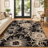 Findosom Washable Area Rug 5x7, Non Slip High-Low Textured Floral Rugs for Living Room with Rubber Backing, Boho Carpet for Bedroom, Kitchen, Entryway, Laundry, Black & Beige