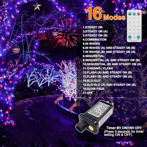 LAMPHOME Red White Blue Patriotic Fairy Lights Plug in, 33Ft 100 LEDs Waterproof Twinkle Firefly Lights, Adaptor Included Starry String Light for Independence Day Patriotic Holidays Decoration