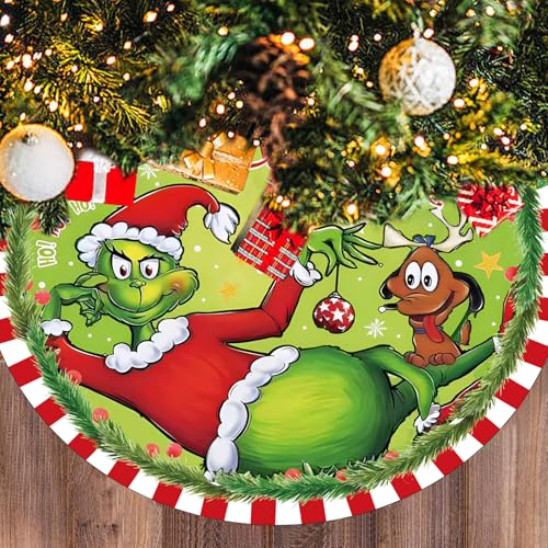 48 Inch Christmas Tree Skirt - Soft and Funny Farmhouse Christmas Tree Collar with Red & Green Trim Decor Xmas Holiday Decoration (Style A)