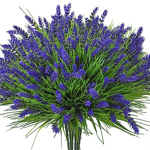 20 Bundles Artificial Plants Outdoor, UV Resistant Fake Flowers， Realistic Faux Lavender Shrubs for Porch Garden Window Box Home Decoration (Purple)
