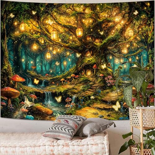 Kanuyee Enchanted Life Tree Forest Tapestry, Luminous Fairy Tale Wall Hanging for Room Decor, Dreamy Nature Home Decor 80L x 60W