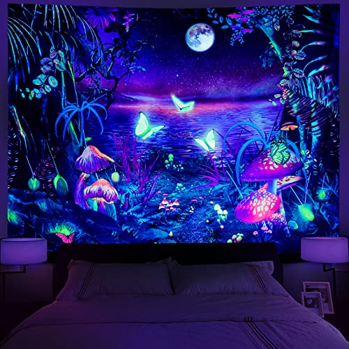 Serborlur Blacklight Fantasy Forest Moon Tapestry UV Reactive Neon Mushroom Butterfly Wall Hanging Galaxy Space Wall Tapestries Aesthetic Nature Landscape Backdrop for Bedroom Living Room Decor (51.2 × 59.1 inches)