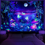 Serborlur Blacklight Fantasy Forest Moon Tapestry UV Reactive Neon Mushroom Butterfly Wall Hanging Galaxy Space Wall Tapestries Aesthetic Nature Landscape Backdrop for Bedroom Living Room Decor (51.2 × 59.1 inches)
