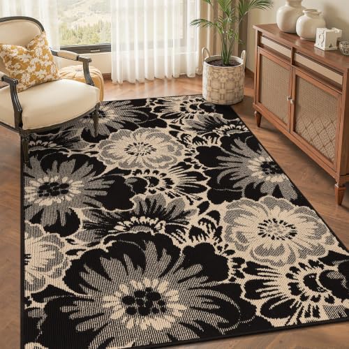 Findosom Washable Area Rug 4x6, Non Slip High-Low Textured Floral Rugs for Bedroom with Rubber Backing, Boho Carpet for Living Room, Kitchen, Entryway, Laundry, Black & Beige
