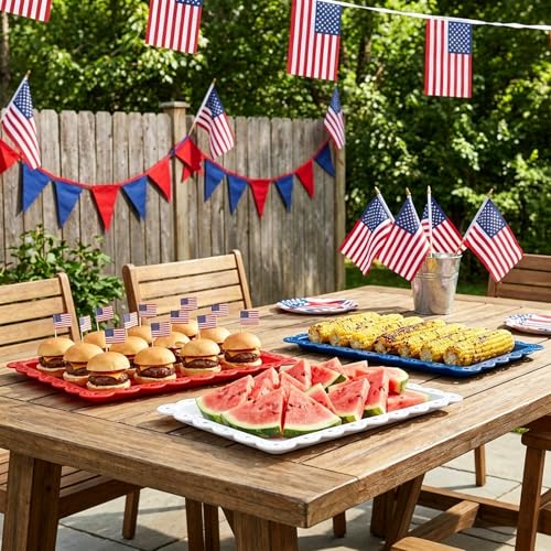 AnyDesign 12Pcs Patriotic Plastic Serving Tray Red Blue White Rectangle Serving Dish 4th of July Dessert Display Tray Platter with Wavy Edge for Independence Day 250th Anniversary Table Decor