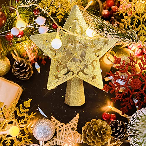 Christmas Tree Topper Projector, LED Star Tree Topper Lighted, Glitter Gold Star Topper Projector with Rotating Snowflake Projection for Indoor Christmas Tree Decor, Xmas Decorations