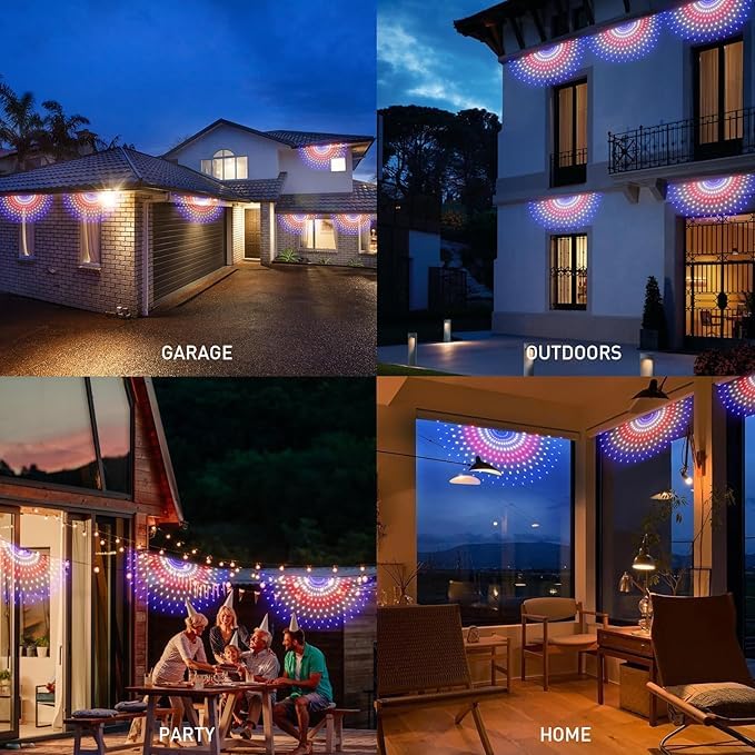 3 Packs American Flag Lights Outdoor - 4x2 FT Half Fan Shape Patriotic Net Light with 8 Modes, 450 LED Waterproof Red White and Blue Lights, 4th of July Memorial Day Decorations for 250th Anniversary