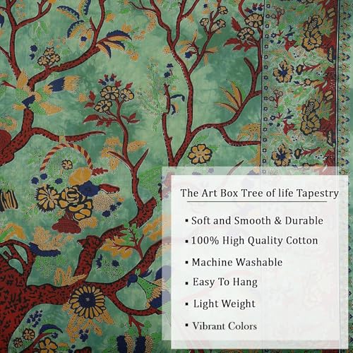 THE ART BOX Tapestry Green Tree of Life Wall Hanging – Indian Cotton Full Size Bedspread, Picnic Sheet, Wall Decor, Blanket, Wall Art for Bedroom (Full, 85x90 Inch)