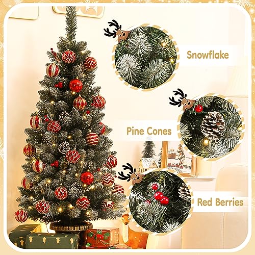 Decoway 4ft Christmas Tree Pre-Lit Artificial Mini Trees with Gold Pot Base, Flocked Snow 70 Warm White Led Lights Pine Cones Red Berries, for Entrances, Home Decorations Holiday Decor