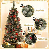 Decoway 4ft Christmas Tree Pre-Lit Artificial Mini Trees with Gold Pot Base, Flocked Snow 70 Warm White Led Lights Pine Cones Red Berries, for Entrances, Home Decorations Holiday Decor