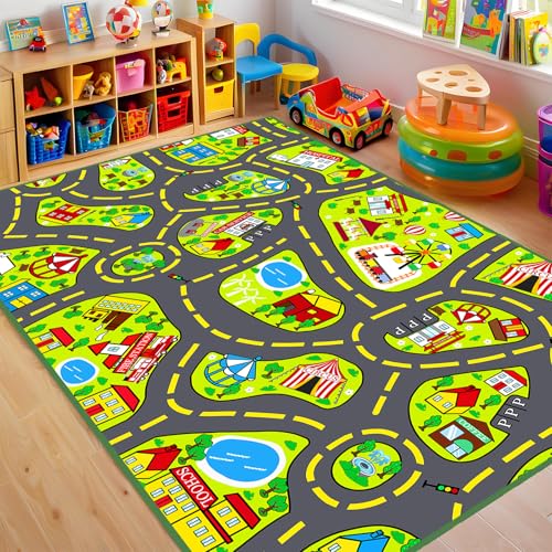 Car Rug Play Mat 2.5x4 Feet, Car Road Rug for Kids City Road Map Carpet Educational Learning Playing Carpet Kids Play Rugs for Playroom Classroom Bedroom