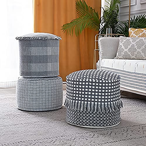 MOCOFO Decoration Pouf Cover Unstuffed Round for Living Room, Cotton Woven Poufs ，Ottoman Foot Stool（Grey Stripes,40x40x25cm）