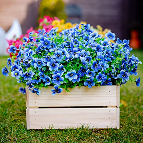 AXYLEX Artificial Flowers for Outdoors, 16 Bundles Fake Plants (Blue) | UV resistant faux plastic flowers, no fade artificial greenery – garden, patio, porch & home