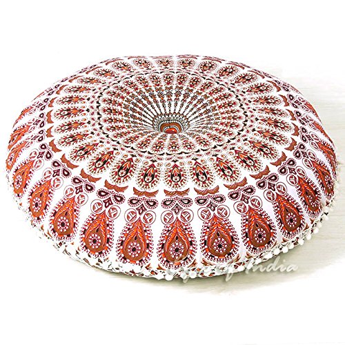 Mandala Floor Pillow Cover Meditation Cushion Seating Throw Hippie Round Colorful Decorative Bohemian Indian Pouf Ottoman Handmade Cover ONLY (N1 Orange, 32" x 32")