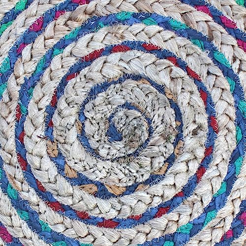 SIMPLIHOME Margo Round Pouf 20 in Wide Handwoven Jute and Cotton Braided Ottoman in Multi-Blue, Boho-Style Footstool or Extra Seating for Living Room with Polystyrene Bead Filling, Assembled