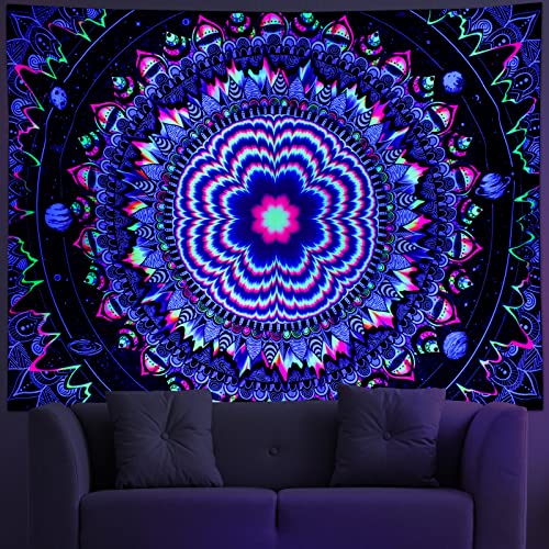 Amonercvita Blacklight Tapestry Trippy Mandala Tapestries UV Reactive Galaxy Stars Tapestry Psychedelic Neon Tapestries Wall Hanging Hippie Black Light Poster for Bedroom