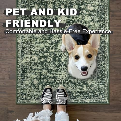 Hallway Runner 2x5 Washable Runner Non-Slip Kitchen Rug, Green