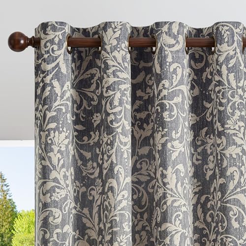 jinchan Vintage Curtains 84 Inch Long Cream Scroll Floral Blue Curtians for Living Room Bedroom Room Darkenign Drapes Thermal Insulated Classic Traditional Privacy Grommet Top 2 Panels
