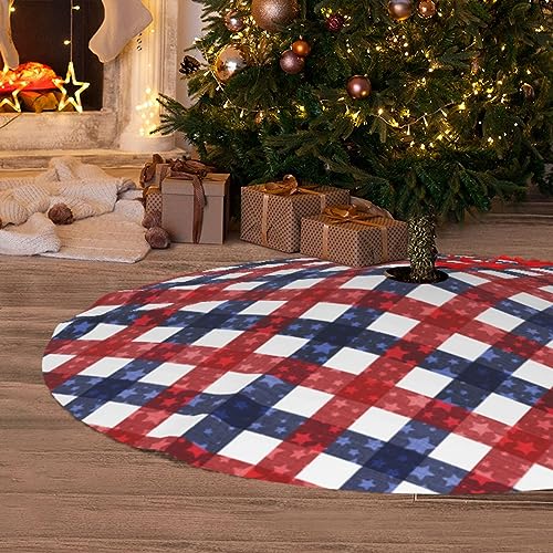 July 4th Patriotic American Flag Plaid Red Blue White 36 Inch Christmas Tree Skirt Carpet Mat Funny Party Decor Supplies for Xmas Halloween Decorations Occasion Ornament