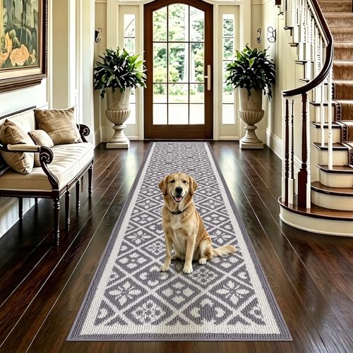 Hallway Runner Rug 2x10 ft,Washable Indoor Grey Entryway Carpet with Non Slip Rubber Backing,Low Pile Heavy Duty Kitchen Floor Mat for Entrance & High Traffic Areas