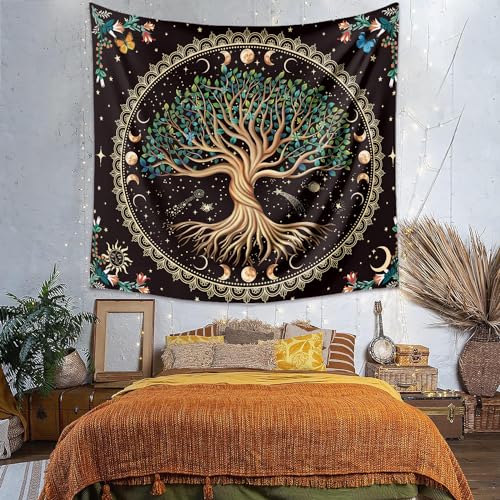 Moon Phase Tree of Life Tapestry Nature Flower Plant Butterfly Tapestries Boho Mandala Spiritual Tapestry Aesthetic Wall Hanging for Home Decor Bedroom Living Room Dorm Decor (35.44" x 47.25", Blue)
