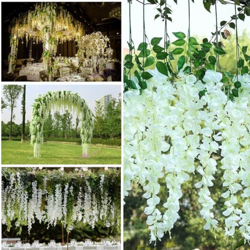 Artificial Wisteria Hanging Flowers Fake Wisteria Flower Garland Silk Vines Rattan Decor for Home Wedding Arch Wall Garden Greenery Bedroom Outdoor Office Party Decoration (12, White)