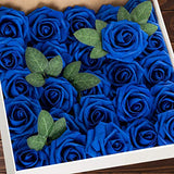 Higfra Artificial Flowers 25pcs Real Looking Royal Blue Foam Fake Roses with Stems for DIY Wedding Bouquets White Bridal Shower Centerpieces Arrangements Mothers Day Party Tables Decorations