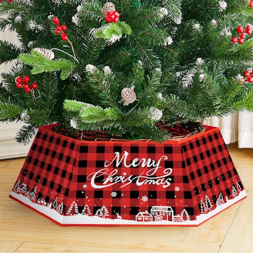 Christmas Tree Collar Buffalo Plaid, Christmas Tree Base Cover, Fabric Hexagon Tree Base Skirt with Six Patterns, Christmas Tree Base Bottom Stand Cover with 31In Diameter for Tree Decoration