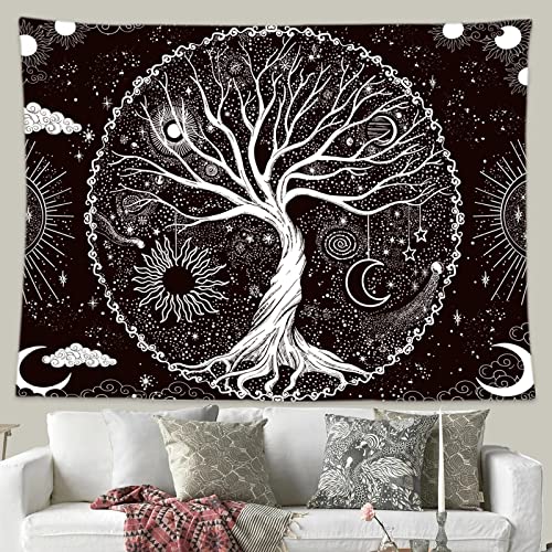 Wonrizon Tree of Life Tapestry,Black and White Galaxy Space Tapestries Aesthetic Psychedelic Wall Hanging decor for Living Room Bedroom (51.2" x 59.1")